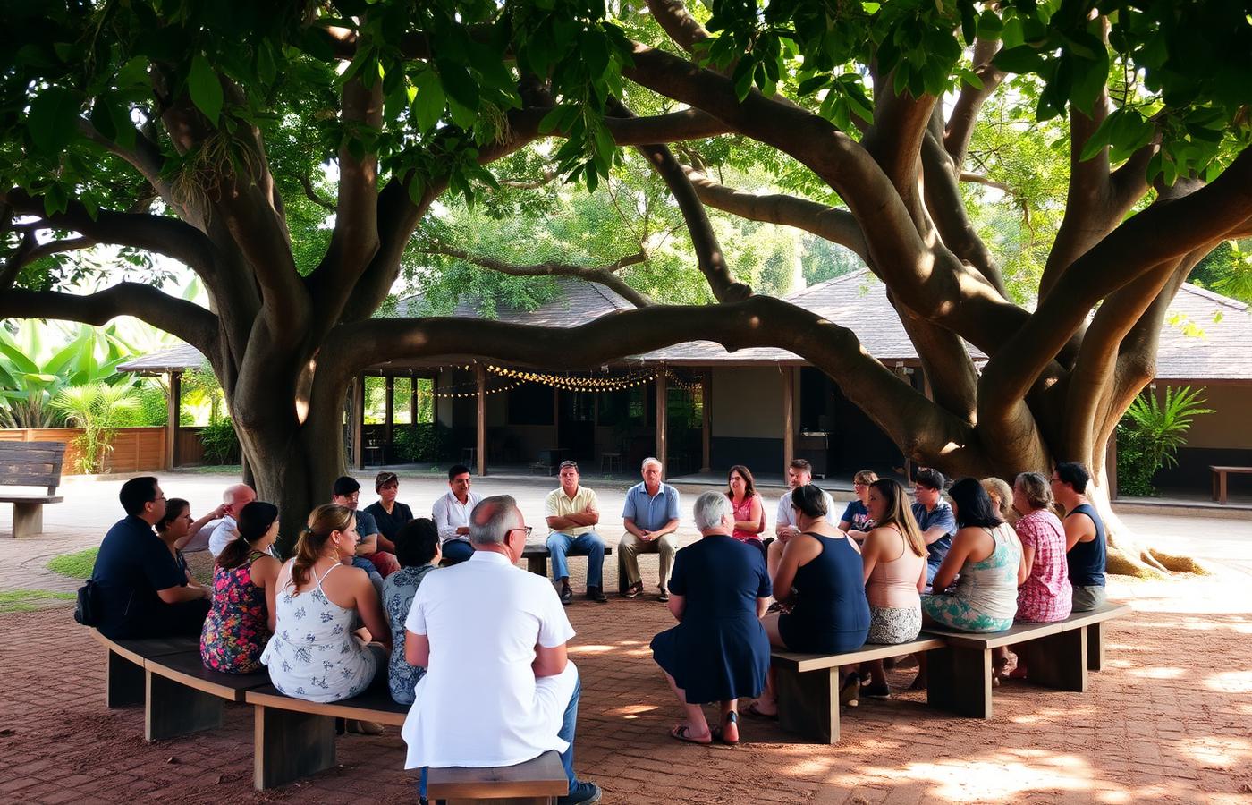 Discussion circle beneath tropical trees