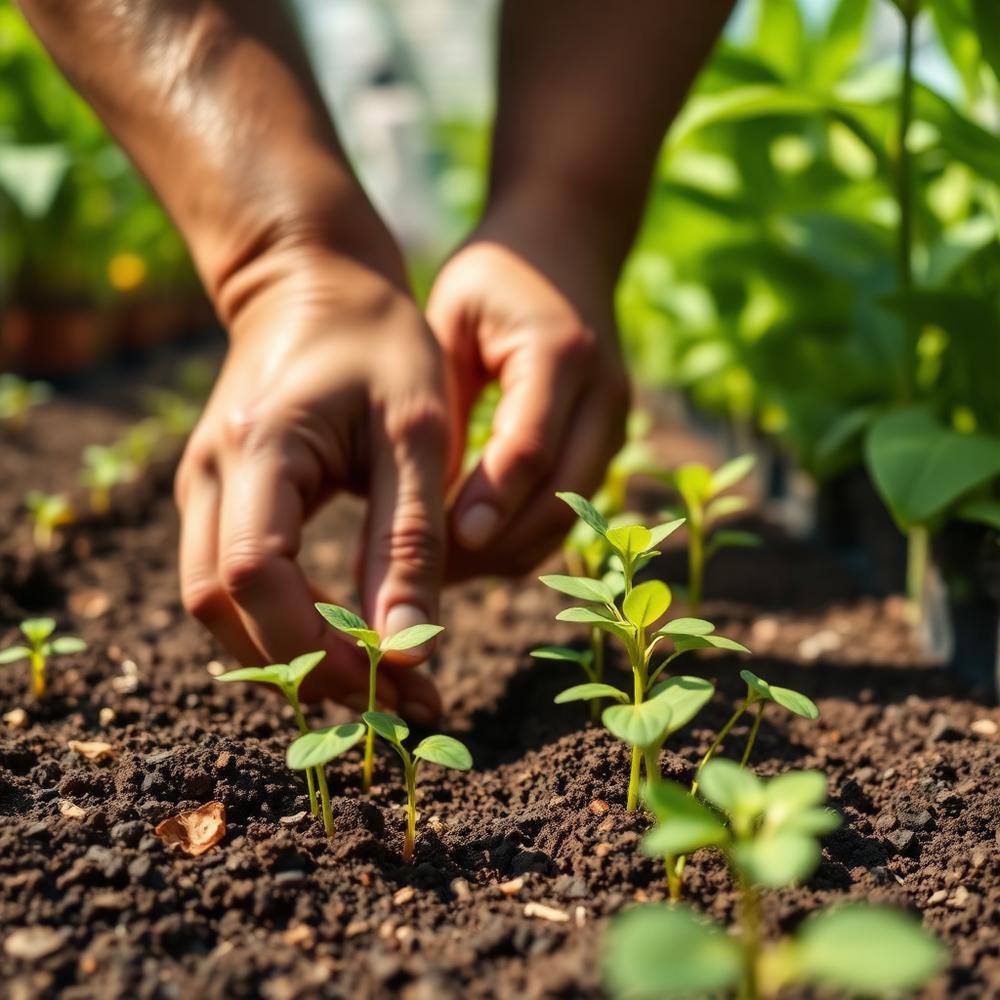 Hands planting seedlings in dark soil